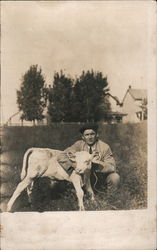 Man with Calf Ephrata, PA Cows & Cattle Postcard Postcard Postcard