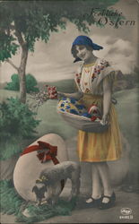 Happy Easter, Girl With Apron, Painted Eggs Postcard