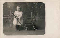 Young Girl in a White Dress Pulling a Wagon Children Postcard Postcard Postcard