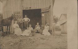 Family Posing in Front of Barn with a Horse Postcard