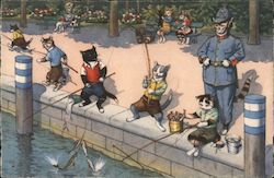 Young Cats in Clothing Fishing in front of a Police Cat Postcard