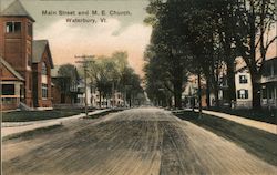 Main Street and M.E. Church Waterbury, VT Postcard Postcard Postcard