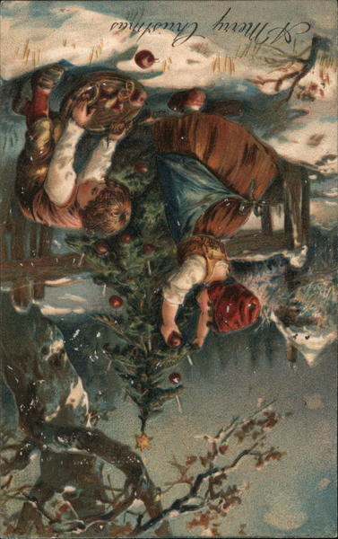 Two Children Decorating a Tree Outside