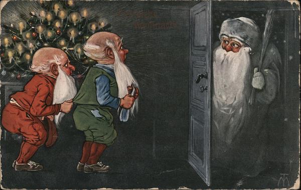 Santa Opening Door to Two Elves in Front of Decorated Tree