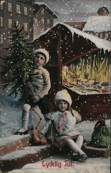 Children with Tree in Snowy City Scene Sweden