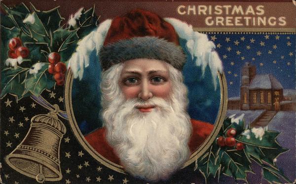 Santa with Bell and House in Background Santa Claus