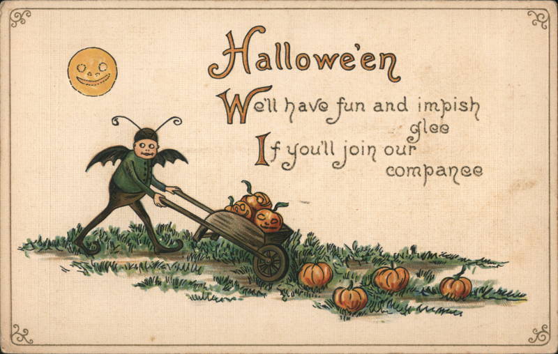 Child Dressed as a Bat Pushing a Wheelbarrow of Pumpkins
