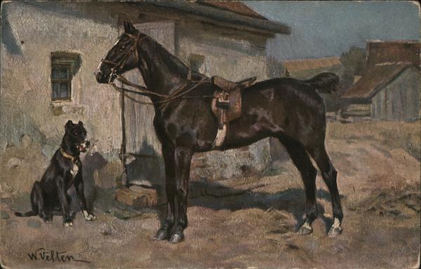 A Dog Sitting next to a Saddled Horse W. Velten Multiple Animals
