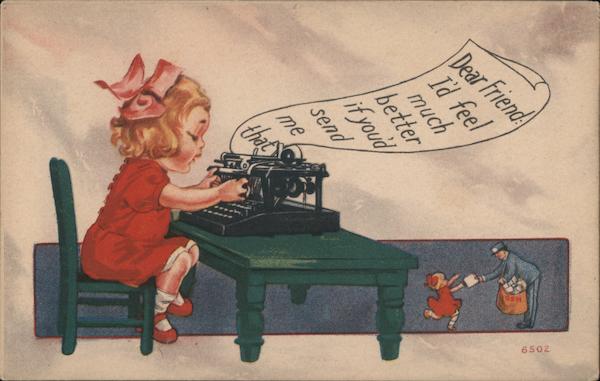 Little Girl Typing Message Dear Friend I'd feel much better if you'd send me that