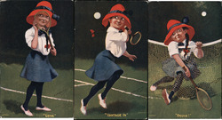 Lot of 3: Girl Playing Tennis "Love", "Vantage in" "Deuce" E. P. Kinsella Postcard Postcard Postcard