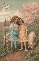 A Joyous Easter - Two Girls with Lambs Postcard