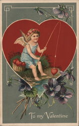 Cupid Fishing with Hearts Postcard