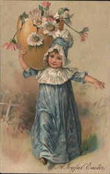 Girl Carrying Giant Eggshell with Flowers in It With Children Postcard Postcard Postcard