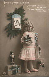 Young Girl Holding Gifts in Front of Calendar With 25th On It Children Postcard Postcard Postcard