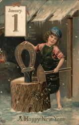 Boy Blacksmith Making Horseshoe Postcard