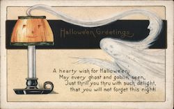 Halloween Greetings with Ghost Coming out of Candle Smoke Postcard Postcard Postcard