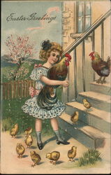 Girl Carrying Rooster with Chicks. on Ground Postcard