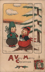 Two Kids in Front of Snowy Tree Postcard