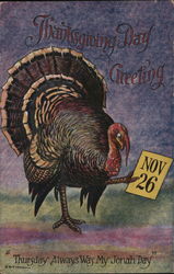 Turkey Holding November 26 Sign and Scowling at It Postcard