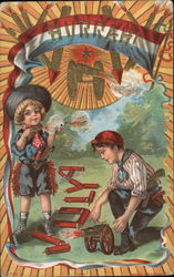 Hurrah! Boys with Firecrackers! July 4 Postcard