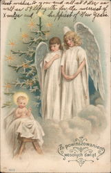 Two Angels with Tree Behind Them Staring at Jesus Postcard Postcard Postcard