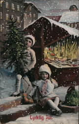 Children with Tree in Snowy City Scene Postcard