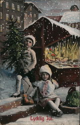 Children with Tree in Snowy City Scene Sweden Postcard Postcard Postcard