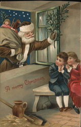 Santa in Brown Robe Greeting Children Through a WIndow Postcard
