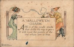 Woman at Table with Witch Getting a Love Charm Halloween Postcard Postcard Postcard