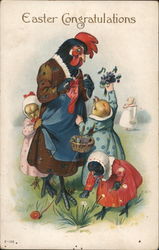 Easter Congratulations - Chicken Family in Dresses With Chicks Postcard Postcard Postcard