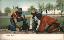 Three Men Playing a Game of Craps on Dirt Ground Postcard