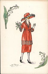 Artistic Sketch of Woman in Red Outfit and Matching Red Hat holding flowers Artist Signed S. Pary Postcard Postcard Postcard