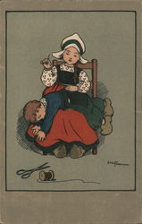 A Lady Sewing It's Kid's Pants Postcard