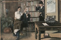 Wife Walking Into Office with Secretary Sitting on Husband's Lap Romance & Love Postcard Postcard Postcard