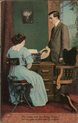 She ceases now her flying fingers As his gaze on her fondly lingers Postcard