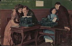 Secretaries and Men Flirting at the Office -- Working Overtime is an Awful Job Couples Postcard Postcard Postcard