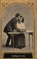 Man Kissing Secretary at Typewriter -- Holding Her Job Postcard