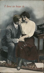 Secretary Sitting on Man's Lap and Holding His Hand in Front of Typewriter Postcard