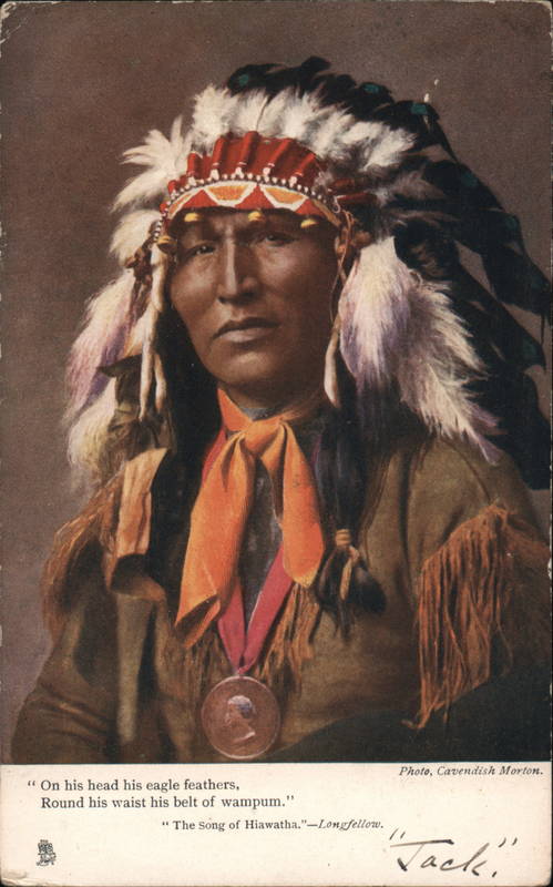 On his head his eagle feathers, Round his waist his belt of wampum - The Song of Hiawatha - Longfellow