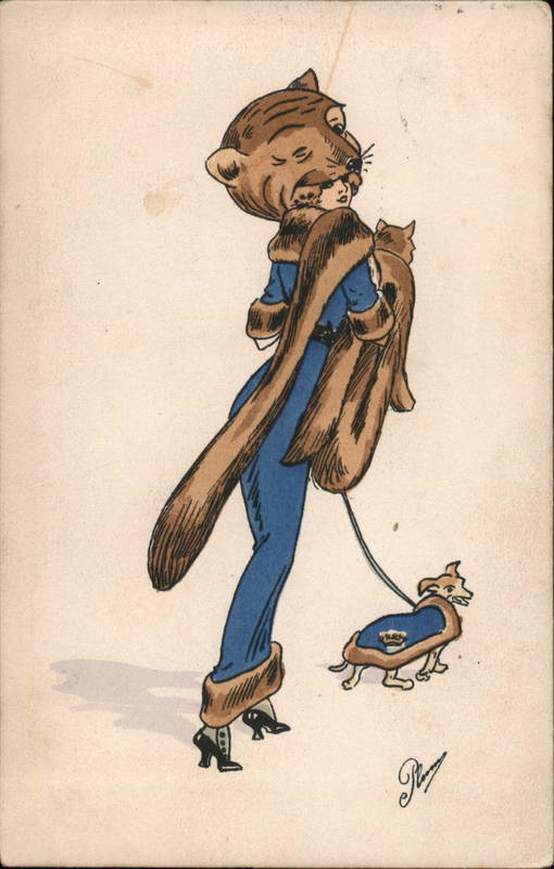 A Woman Walking Her Dog, Wearing Cat Furs Artist Signed