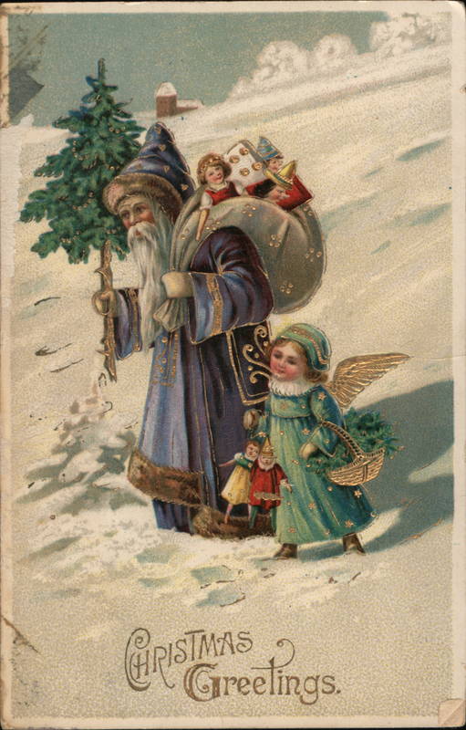 Christmas Greetings - Santa in Purple and a Child Santa Claus