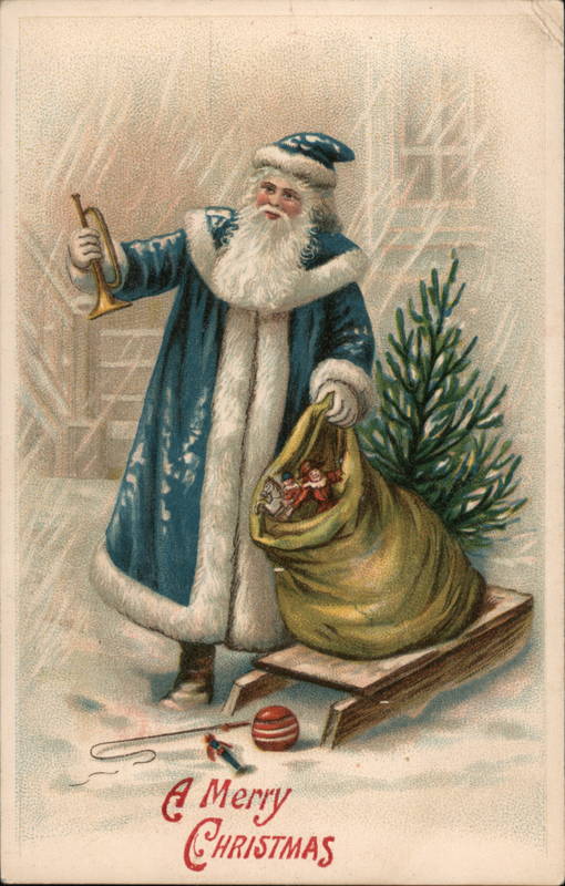 A Merry Christmas, Santa in Blue Robe With Toys Santa Claus
