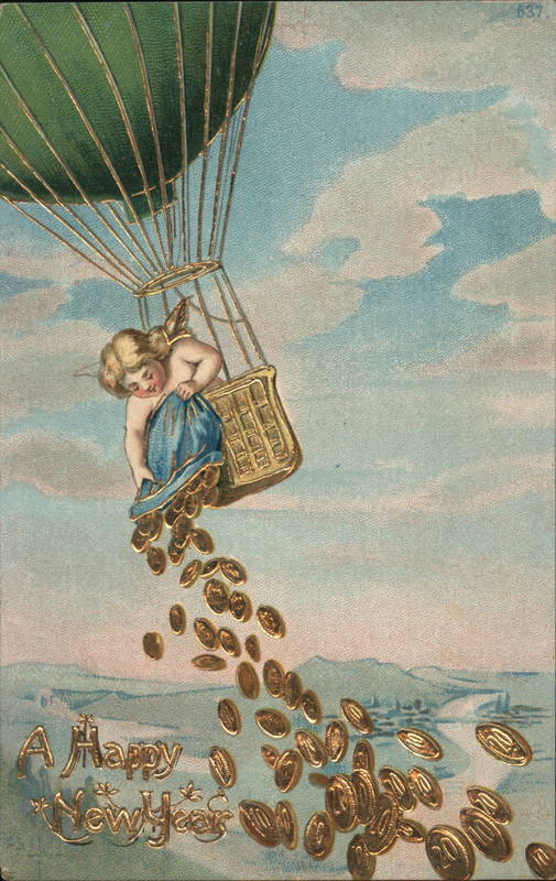 A Happy New Years, Angel in Hot Air Balloon Pouring Gold