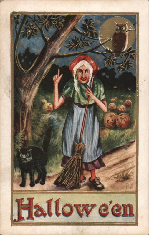 Hallowe'en - Old Woman and Black Cat Halloween