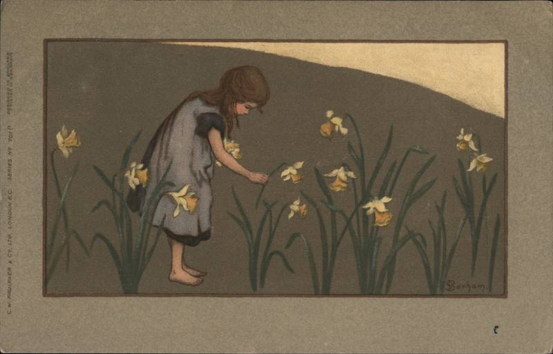 Young Girl Picking Flowers S. Barham Artist Signed