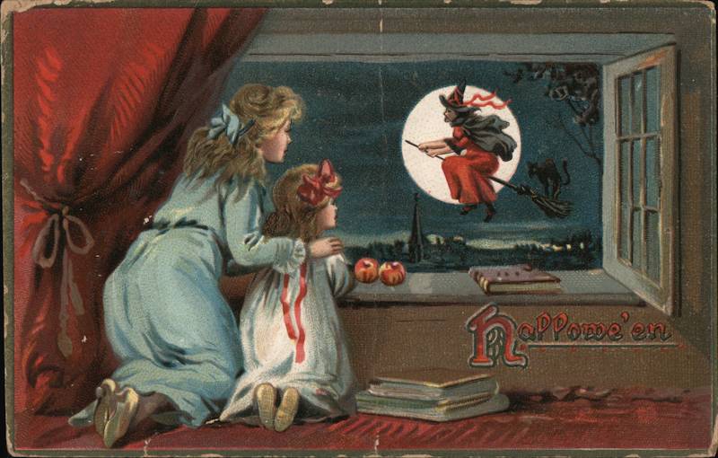 Two Little Girls Looking out a Window at a Witch on a Broom Series 150