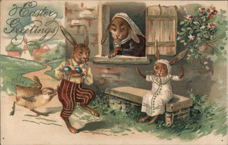 Easter Greetings with Three Clothed Bunnies and a Chick