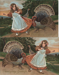 Lot of 2: Turkeys with a girl in a pink dress and blue apron Postcard