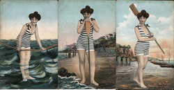 Set of 3: Bathing Beauty in Striped Bathing Suit Postcard