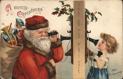 A Merry Christmas - Santa Talking to a Little Girl on the Phone Postcard